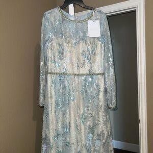 Mac Duggal Pale Blue and Cream Sequin Long Sleeve Gown